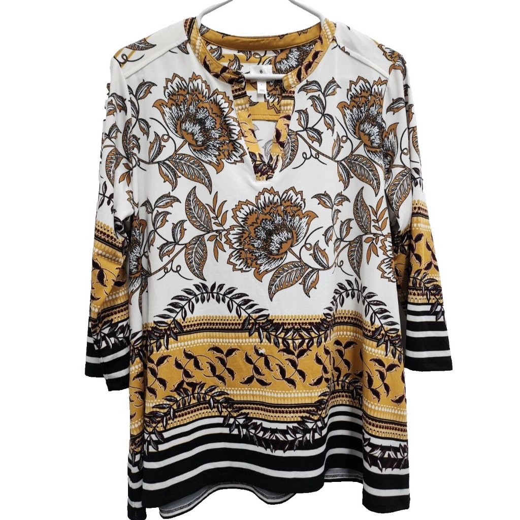 Dressbarn Womens Boho Cottagecore Tunic Top Large Yellow White Floral 3/4 Sleeve